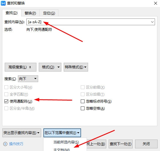 WPS文字怎么快速查找所有字母内容